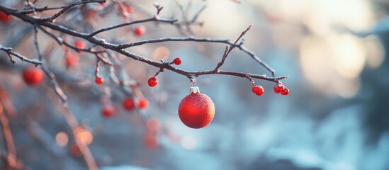 Aufkleber - Red Christmas ornaments hanging on frosted tree branches with a soft winter background festive atmosphere.