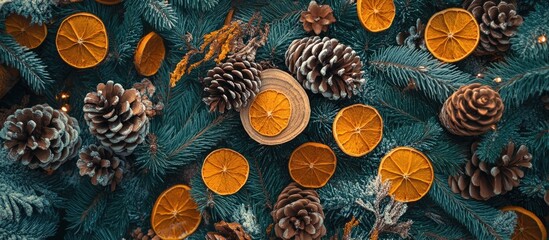 Aufkleber - Festive overhead flatlay of handmade Christmas and New Year decorations with pine cones, dried orange slices, and fresh greenery branches.