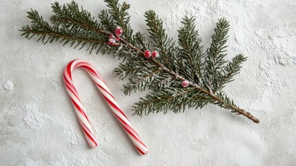 Poster - Christmas tree fir branches with frosted berries and candy cane on a light background Top view flat lay with copy space for holiday designs