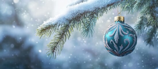 Aufkleber - Snowy Christmas tree ornament hanging on a spruce branch creating a festive and serene winter holiday atmosphere