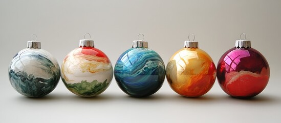 Poster - Elegant handcrafted Christmas ornaments with vibrant colors and artistic designs arranged in a row for festive holiday decor inspiration.