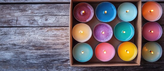 Poster - Colorful candles in an open gift box on a rustic wooden surface ideal for celebration event decoration and festive ambiance