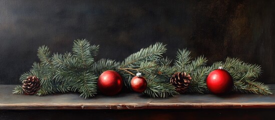 Aufkleber - Festive arrangement of fir branches red ornaments and pinecones on a rustic dark wooden background for elegant holiday decor