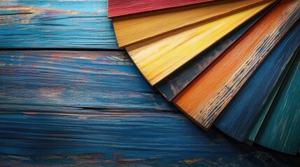 Poster - Colorful wooden paint samples arranged on a rustic wooden table showcasing a vibrant palette for design and decoration projects