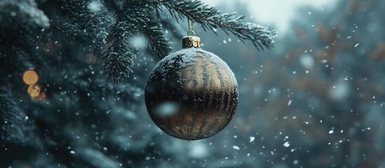 Poster - Festive Christmas ornament hanging from snow-covered tree branch in winter scenery with falling snowflakes and blurred lights background