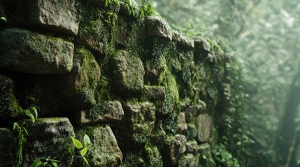 Aufkleber - Moss covered stone wall in a lush green forest setting with soft natural light shining through the foliage