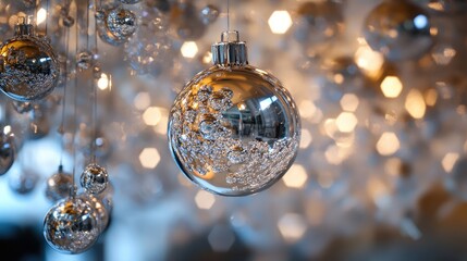 Aufkleber - Abstract blurred background featuring silver Christmas ornaments, creating a festive and elegant holiday atmosphere.