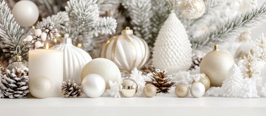 Aufkleber - Elegant Christmas decorations in white and gold showcased on a snow-themed background with candles and pinecones