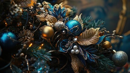 Aufkleber - Closeup of elegant Christmas tree decorations featuring blue and gold ornaments with floral accents on a festive background