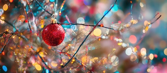 Aufkleber - Vibrant close up of a beautifully decorated Christmas tree adorned with colorful lights shiny red ornaments and shimmering tinsel decorations
