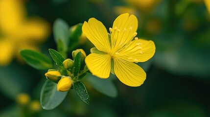 Wall Mural - vibrant closeup of a yellow flower with green leaves ideal for nature backgrounds and floral designs