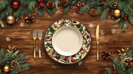 Poster - Elegant Christmas table setting with festive decorations and cutlery on a rustic wooden surface viewed from above celebrating the holidays