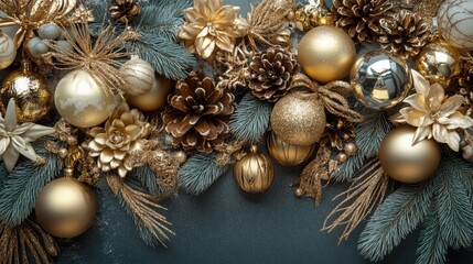 Aufkleber - Elegant Christmas tree decorations featuring golden ornaments and pinecones on a rich dark background for a festive holiday atmosphere