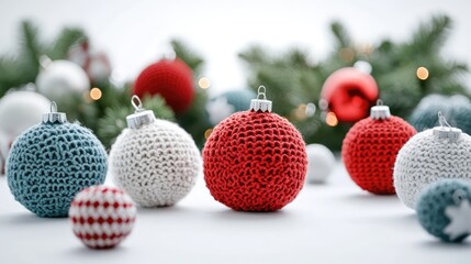 Poster - Crochet Christmas ornaments in red, white, and blue arranged on a bright holiday background with greenery and festive lights.