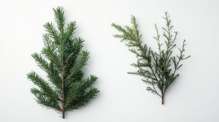 Poster - Holiday greenery arrangement with evergreen branches on a minimalist white backdrop ideal for festive themed designs and advertising.