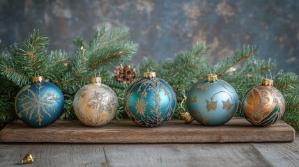 Aufkleber - Elegant Christmas tree ornaments arranged on a rustic wooden board with evergreen branches and pine cones in a cozy holiday setting