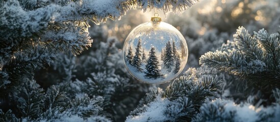 Aufkleber - Snow-covered spruce branches adorned with a frosted Christmas ornament showcasing winter forest scenery during the holiday season.