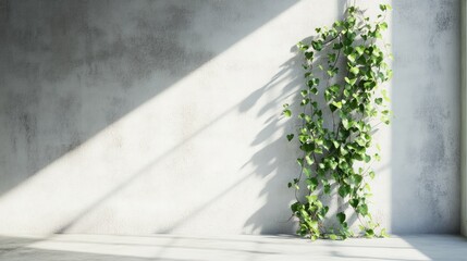 Poster - Creeping fig plant growing on a concrete wall with natural light shadows creating a serene indoor atmosphere