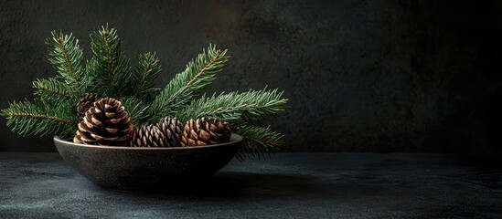 Aufkleber - Elegant Christmas still life with spruce branch and pine cones in a dark setting highlighting festive decor and natural elements
