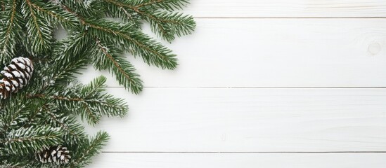 Aufkleber - Festive Christmas tree branches with pine cones on a white wooden background for holiday planning and creative inspiration.