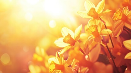 Aufkleber - Daffodils illuminated by morning sunlight creating a vibrant spring floral background with soft bokeh effect ideal for seasonal designs.