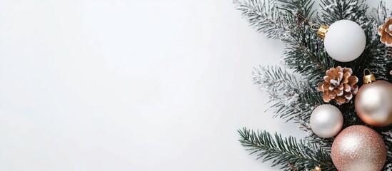 Poster - Christmas wreath decorated with ornaments and pinecones on a white background creating a festive holiday atmosphere for seasonal designs