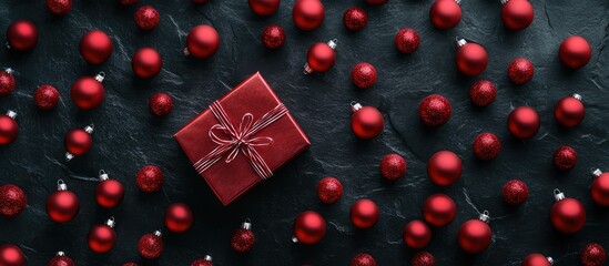 Aufkleber - Christmas gift box surrounded by red ornaments on dark stone surface viewed from above holiday festive decoration theme