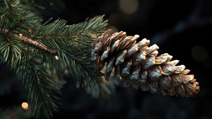 Poster - Macro shot of a pine cone on a Christmas tree branch with blurred festive background decorations