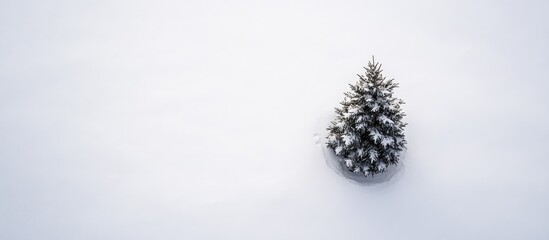 Aufkleber - Solitary evergreen Christmas tree covered in snow in a serene winter landscape with a blank white backdrop
