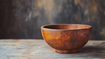 Poster - Wooden bowl closeup on rustic table background showcasing natural grain and texture inviting a warm aesthetic for culinary or decorative use