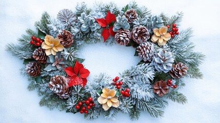 Poster - Festive holiday wreath adorned with pinecones and flowers on a snowy winter background perfect for Christmas greeting cards and decorations