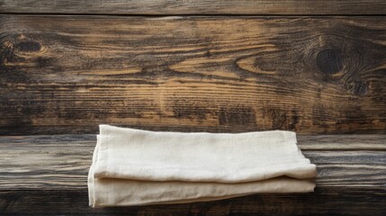 Poster - Folded cloth napkin resting on rustic wooden table conveying a warm and inviting dining atmosphere for culinary presentations.