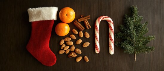 Poster - Christmas stocking filled with festive symbols including tangerines, candy cane, cinnamon sticks, almonds, and fir tree on wooden background