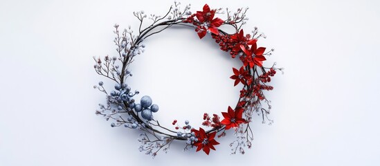 Poster - Festive circular frame of red and blue decorations on a white background ideal for Christmas or New Year celebrations in an aerial view.