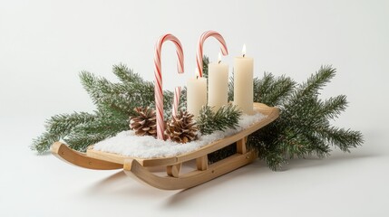 Poster - Festive Christmas decor with sledge candles candy canes pinecones and spruce branches on a clean white background