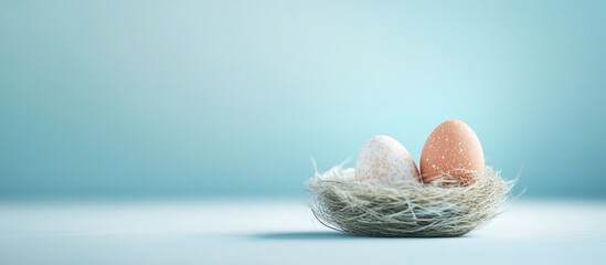 Poster - Colorful Easter eggs nestled in a soft blue background creating a serene and minimalistic Easter design for festive celebrations.