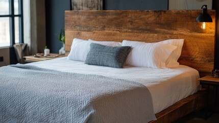 Aufkleber - Elegant wooden bed with plush white linens and decorative pillow in a cozy, modern bedroom setting. Perfect for interior design concepts.