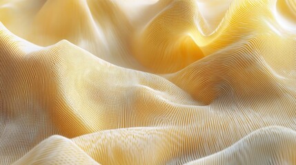 Poster - Yellow textured fabric with wavy folds creating an elegant mesh background for design and decorative purposes. Soft textile surface detail.