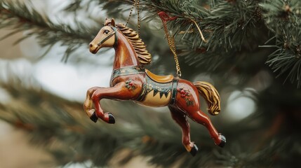 Aufkleber - Retro Christmas tree ornament featuring a decorative horse hanging among evergreen branches.
