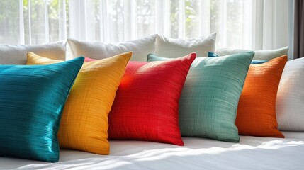 Aufkleber - Vibrant colorful pillows arranged on a white bed showcasing modern bedroom interior design and decor aesthetics