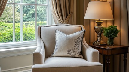 Aufkleber - Cozy living room with elegant armchair and cushion beside window featuring natural light and stylish decor