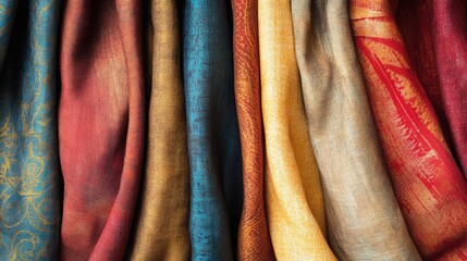 Poster - Colorful fabric drapes showcasing rich textures and patterns perfect for design backgrounds or textile inspiration.