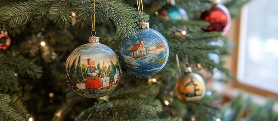 Aufkleber - Classic Christmas tree ornaments featuring vintage illustrations and seasonal decorations in a cozy festive setting.