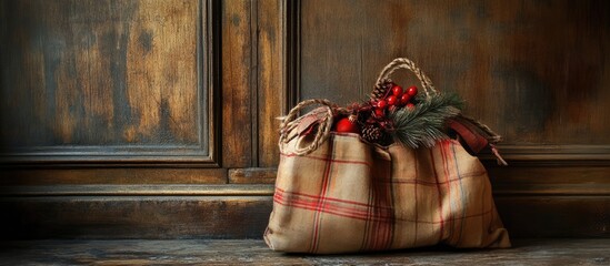 Aufkleber - Retro Christmas bag filled with decorations and gifts on a rustic wooden background creating a cozy festive atmosphere