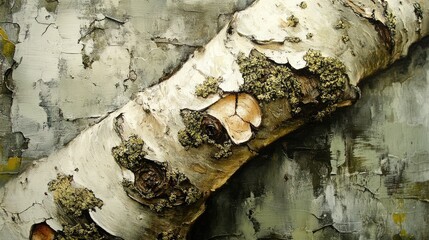 Leinwandbilder - Detailed closeup of tree bark showcasing a split surface texture with moss highlights against an abstract muted background.