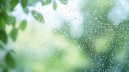 Leinwandbilder - Window mesh with raindrops and blurred green vegetation background creating a serene and natural atmosphere in a close-up view.