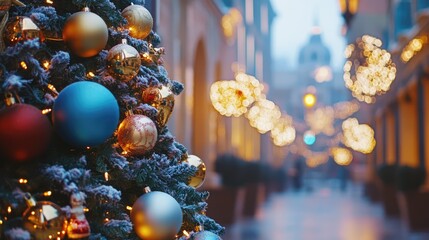 Aufkleber - Christmas tree adorned with colorful ornaments and lights in a festive street setting with a blurred background ambiance