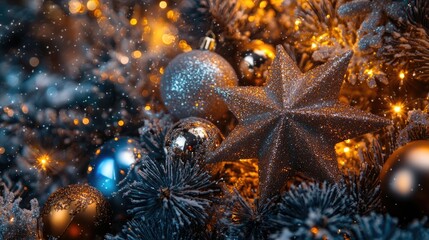 Aufkleber - Christmas tree adorned with sparkling baubles, stars, and lights amidst glittering holiday decor and a snowy backdrop.