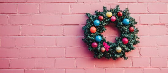 Poster - Colorful Christmas wreath with fir branches and decorative balls on a pastel pink brick wall creating a festive holiday atmosphere.