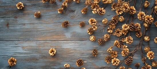 Aufkleber - Festive flat lay with fir tree branches and golden pine cones on a rustic wooden background for holiday-themed designs and advertisements
